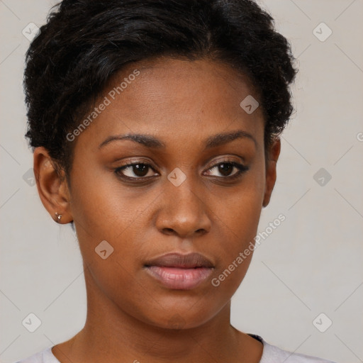 Neutral black young-adult female with short  brown hair and brown eyes