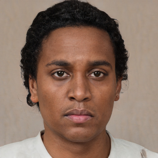 Neutral black young-adult male with short  black hair and brown eyes