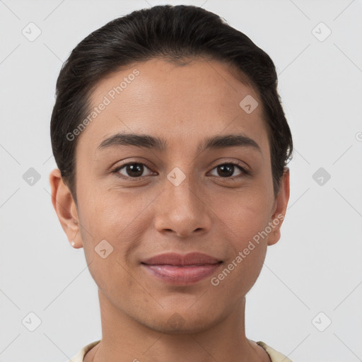 Joyful white young-adult female with short  brown hair and brown eyes