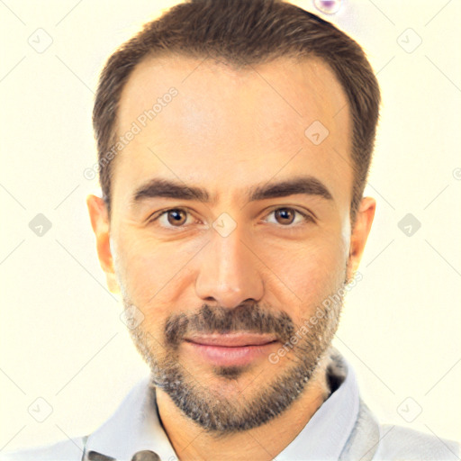 Joyful white young-adult male with short  black hair and brown eyes