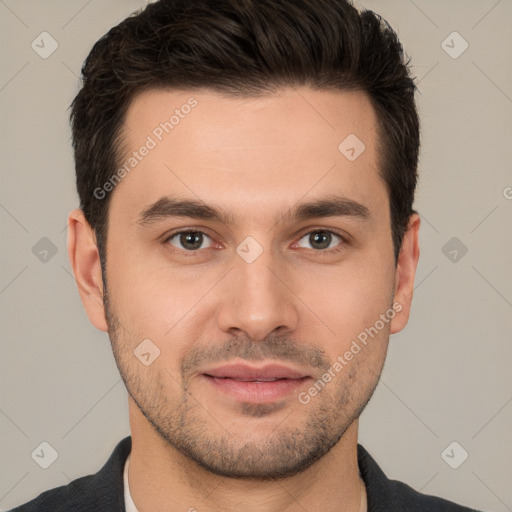 Joyful white young-adult male with short  brown hair and brown eyes