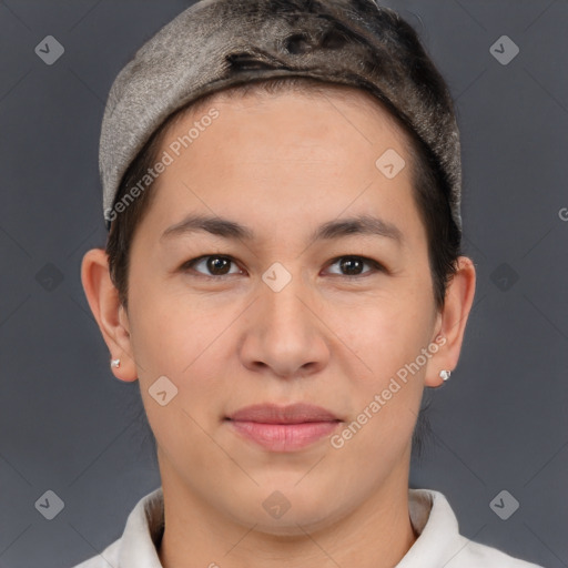 Joyful latino young-adult female with short  brown hair and brown eyes