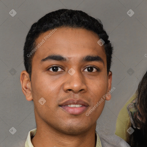 Neutral latino young-adult male with short  black hair and brown eyes