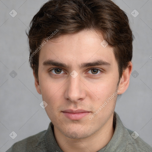 Neutral white young-adult male with short  brown hair and grey eyes