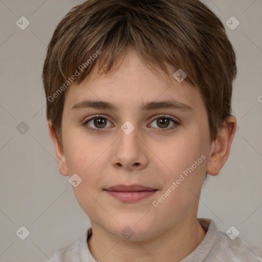 Joyful white child male with short  brown hair and brown eyes