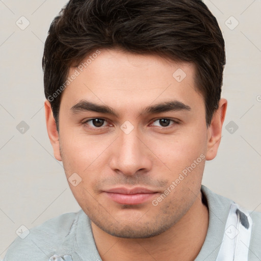 Neutral white young-adult male with short  brown hair and brown eyes