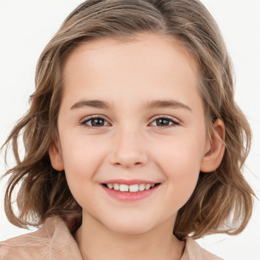 Joyful white child female with medium  brown hair and grey eyes