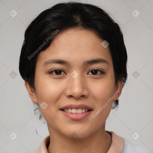 Joyful latino young-adult female with short  black hair and brown eyes