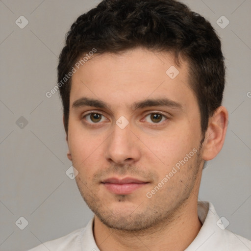 Neutral white young-adult male with short  brown hair and brown eyes