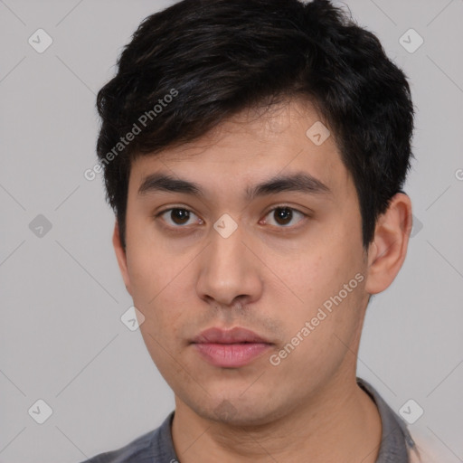 Neutral white young-adult male with short  black hair and brown eyes