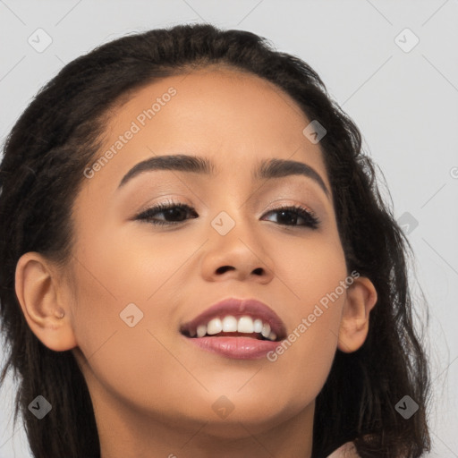 Joyful asian young-adult female with long  brown hair and brown eyes