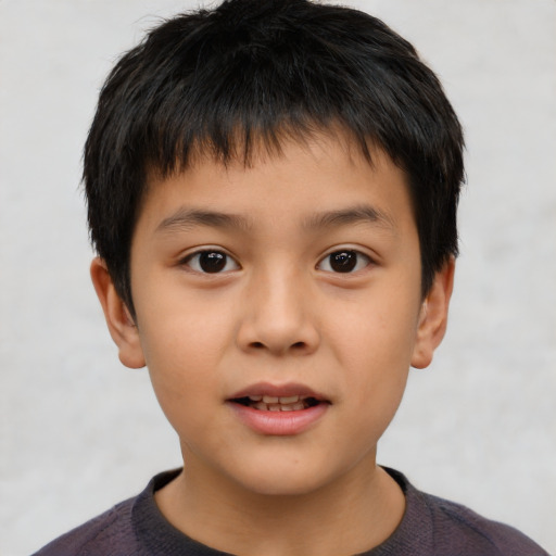 Joyful asian child male with short  brown hair and brown eyes