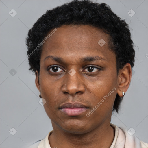 Neutral black young-adult female with short  black hair and brown eyes