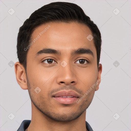 Neutral latino young-adult male with short  brown hair and brown eyes