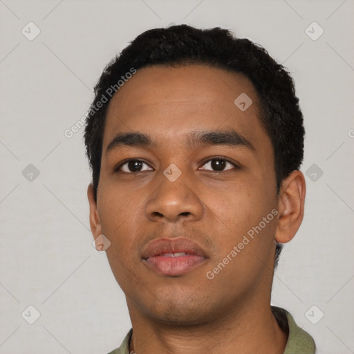 Neutral black young-adult male with short  black hair and brown eyes