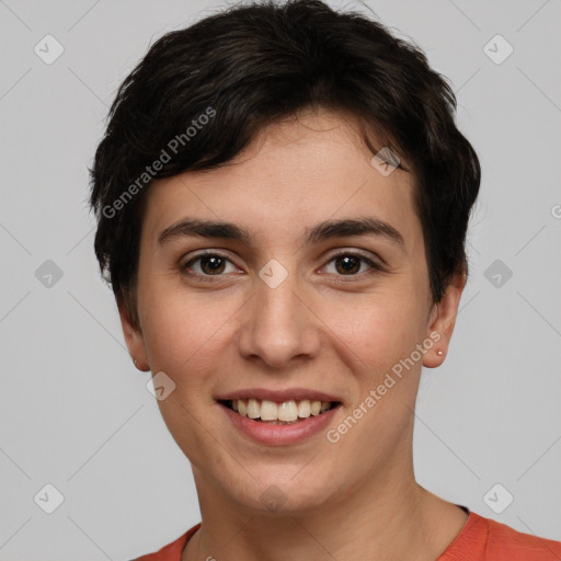 Joyful white young-adult female with short  brown hair and brown eyes