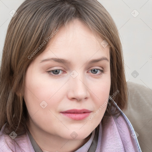 Neutral white young-adult female with medium  brown hair and grey eyes