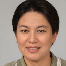 Joyful white adult female with medium  brown hair and brown eyes