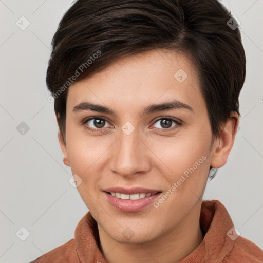 Joyful white young-adult female with short  brown hair and brown eyes