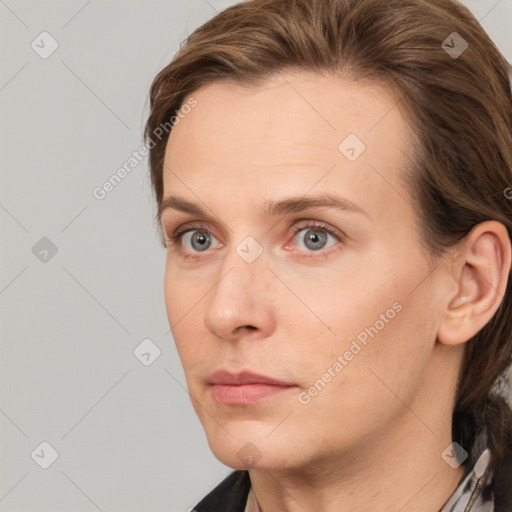 Neutral white young-adult female with medium  brown hair and grey eyes