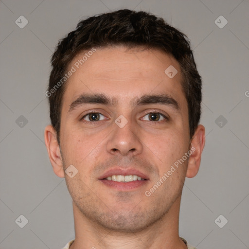 Neutral white young-adult male with short  brown hair and brown eyes