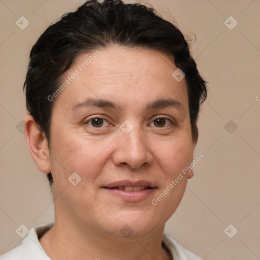 Joyful white adult female with short  brown hair and brown eyes