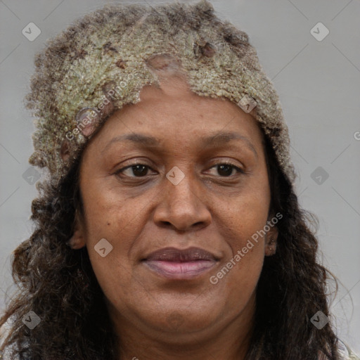 Joyful black adult female with short  brown hair and brown eyes