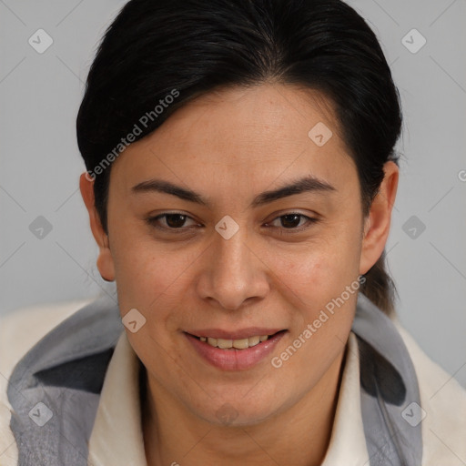 Joyful asian young-adult female with medium  brown hair and brown eyes