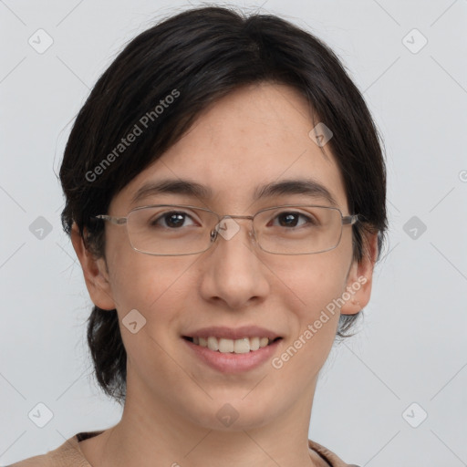 Joyful white adult female with medium  brown hair and brown eyes