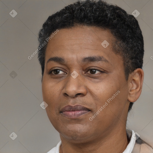 Joyful black adult male with short  black hair and brown eyes