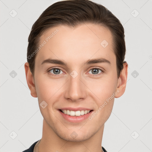 Joyful white young-adult female with short  brown hair and grey eyes