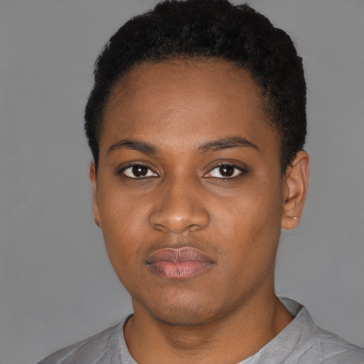 Neutral black young-adult female with short  black hair and brown eyes