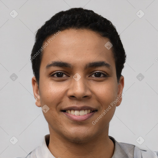 Joyful latino young-adult male with short  black hair and brown eyes