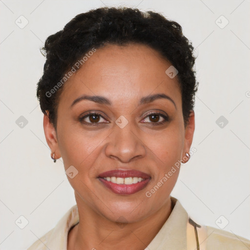 Joyful latino young-adult female with short  brown hair and brown eyes