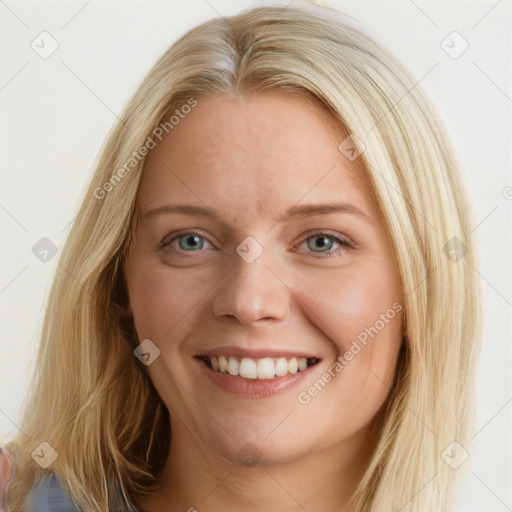 Joyful white young-adult female with long  brown hair and blue eyes