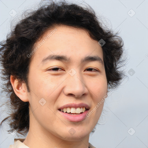 Joyful white young-adult male with medium  brown hair and brown eyes