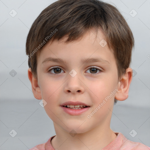 Joyful white child male with short  brown hair and brown eyes