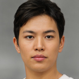 Neutral asian young-adult male with short  brown hair and brown eyes