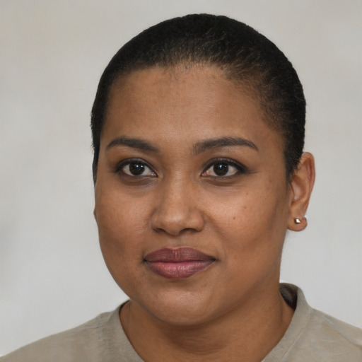 Joyful black young-adult female with short  black hair and brown eyes