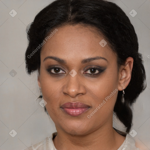 Joyful black young-adult female with medium  brown hair and brown eyes