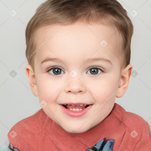 Joyful white child female with short  brown hair and brown eyes