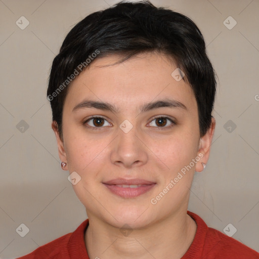 Joyful white young-adult female with short  brown hair and brown eyes