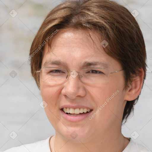 Joyful white adult female with medium  brown hair and brown eyes