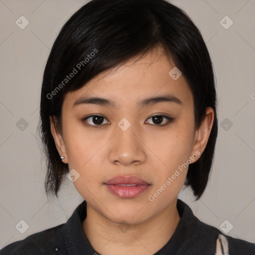 Neutral asian young-adult female with medium  black hair and brown eyes