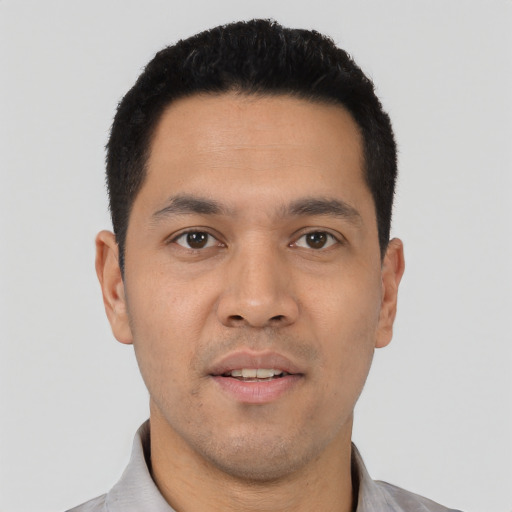 Neutral asian young-adult male with short  black hair and brown eyes