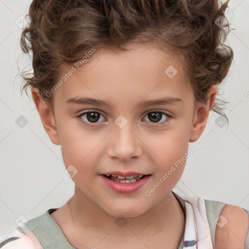 Joyful white child female with short  brown hair and brown eyes