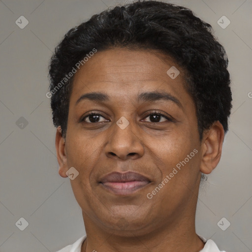 Joyful black adult female with short  brown hair and brown eyes