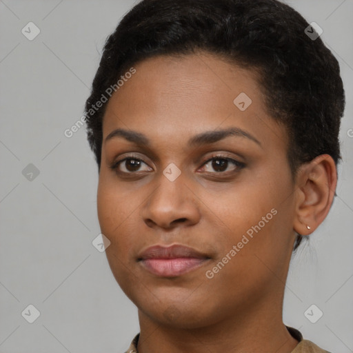 Joyful black young-adult female with short  brown hair and brown eyes