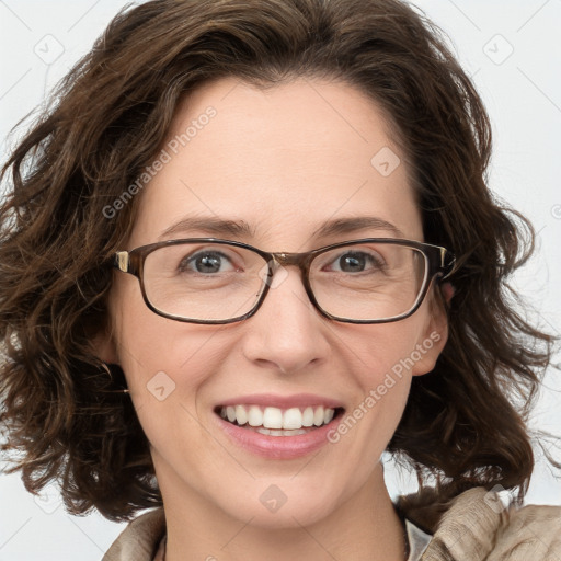 Joyful white adult female with medium  brown hair and blue eyes