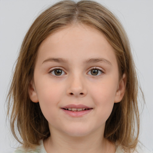 Joyful white child female with medium  brown hair and blue eyes